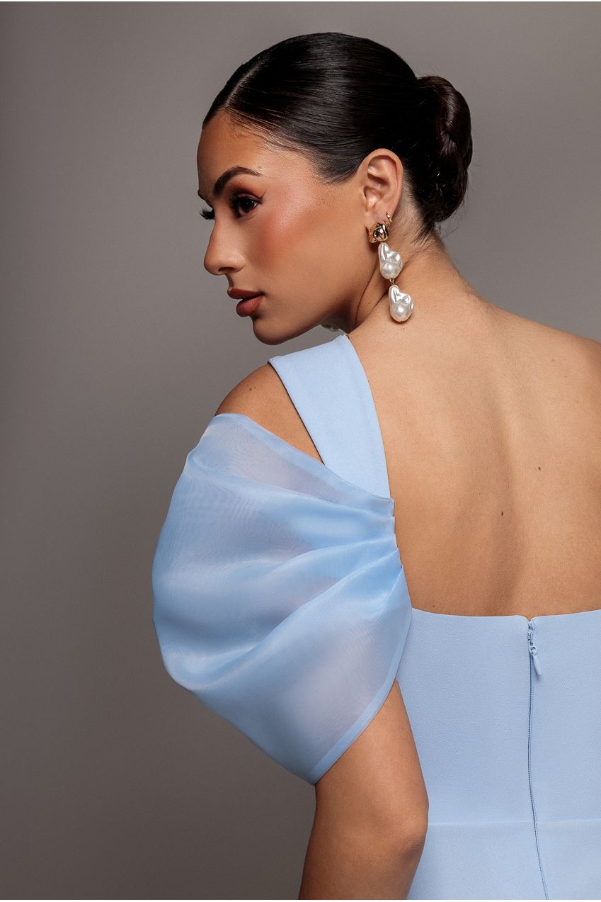 Organza Bow One Shoulder Scuba Crepe Maxi Dress - Powder Blue DR4812