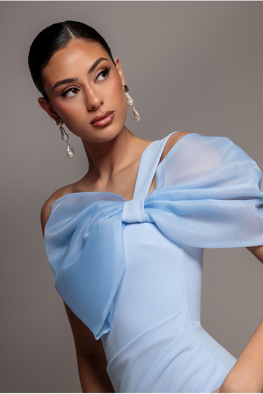 Organza Bow One Shoulder Scuba Crepe Maxi Dress - Powder Blue DR4812