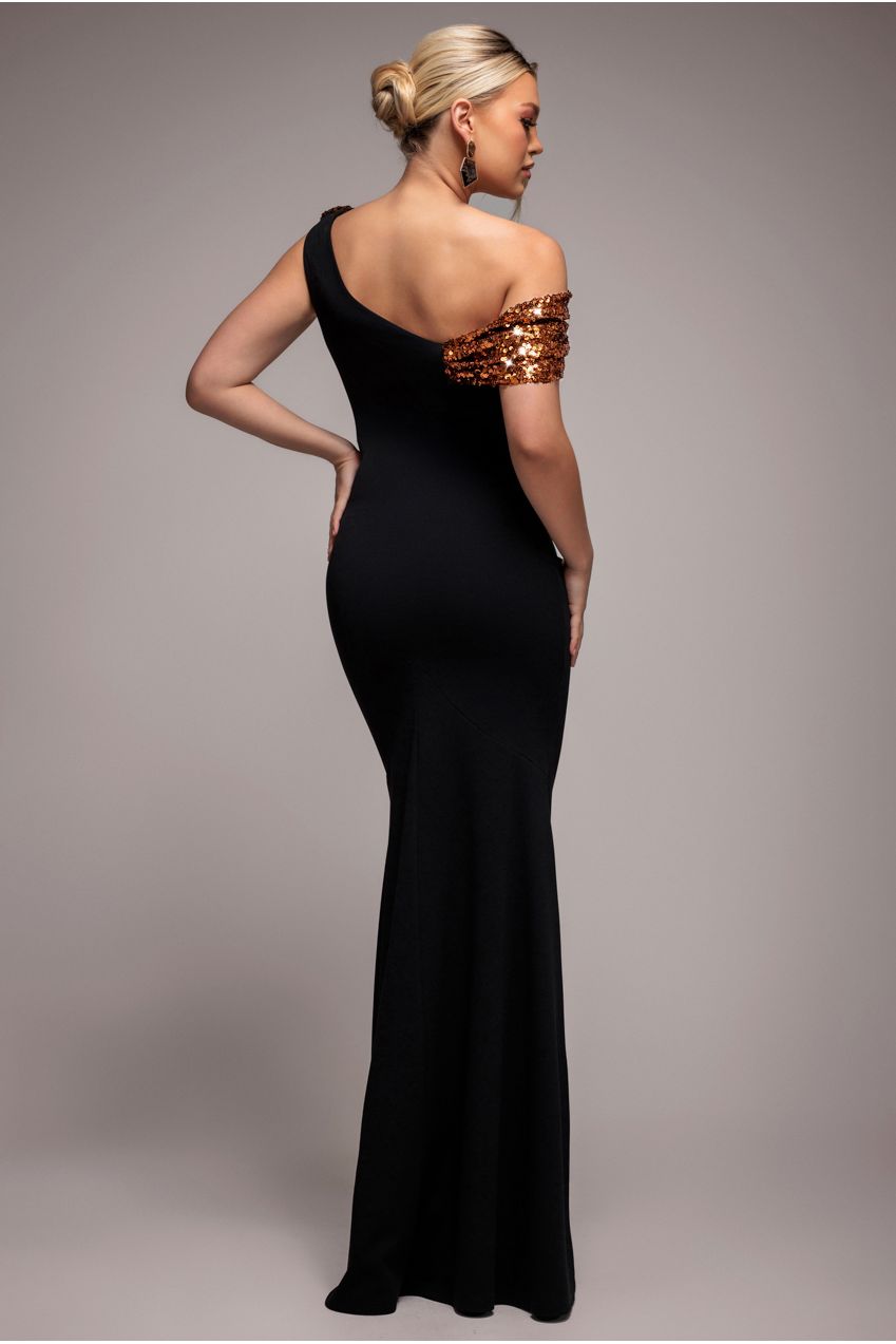 Cowl One Shoulder Contrast Sequin & Scuba Crepe Maxi Dress - Bronze DR4815