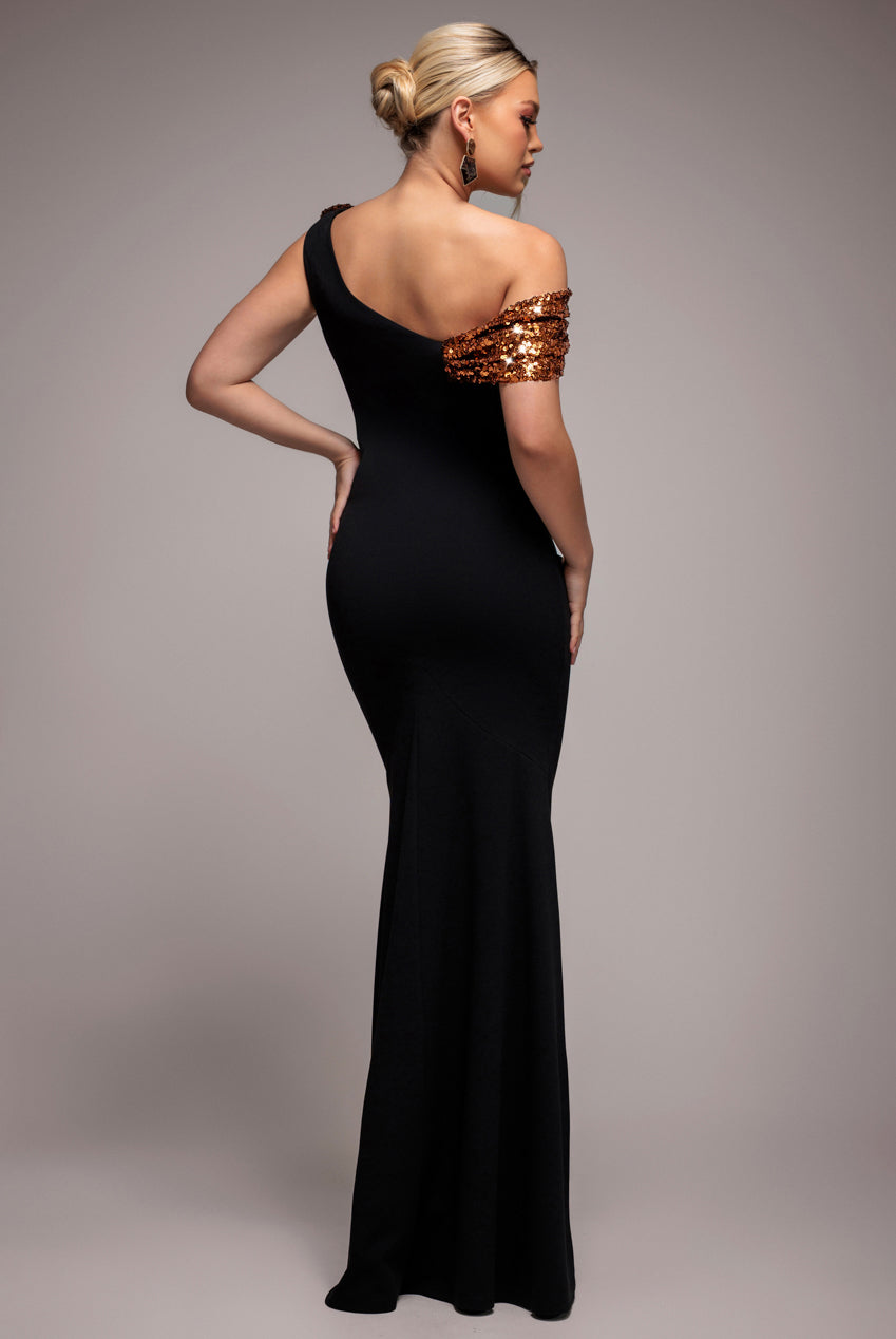 Cowl One Shoulder Contrast Sequin & Scuba Crepe Maxi Dress - Bronze DR4815