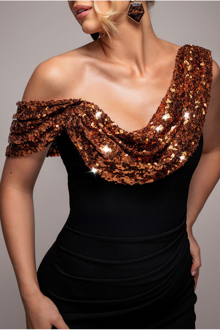 Cowl One Shoulder Contrast Sequin & Scuba Crepe Maxi Dress - Bronze DR4815