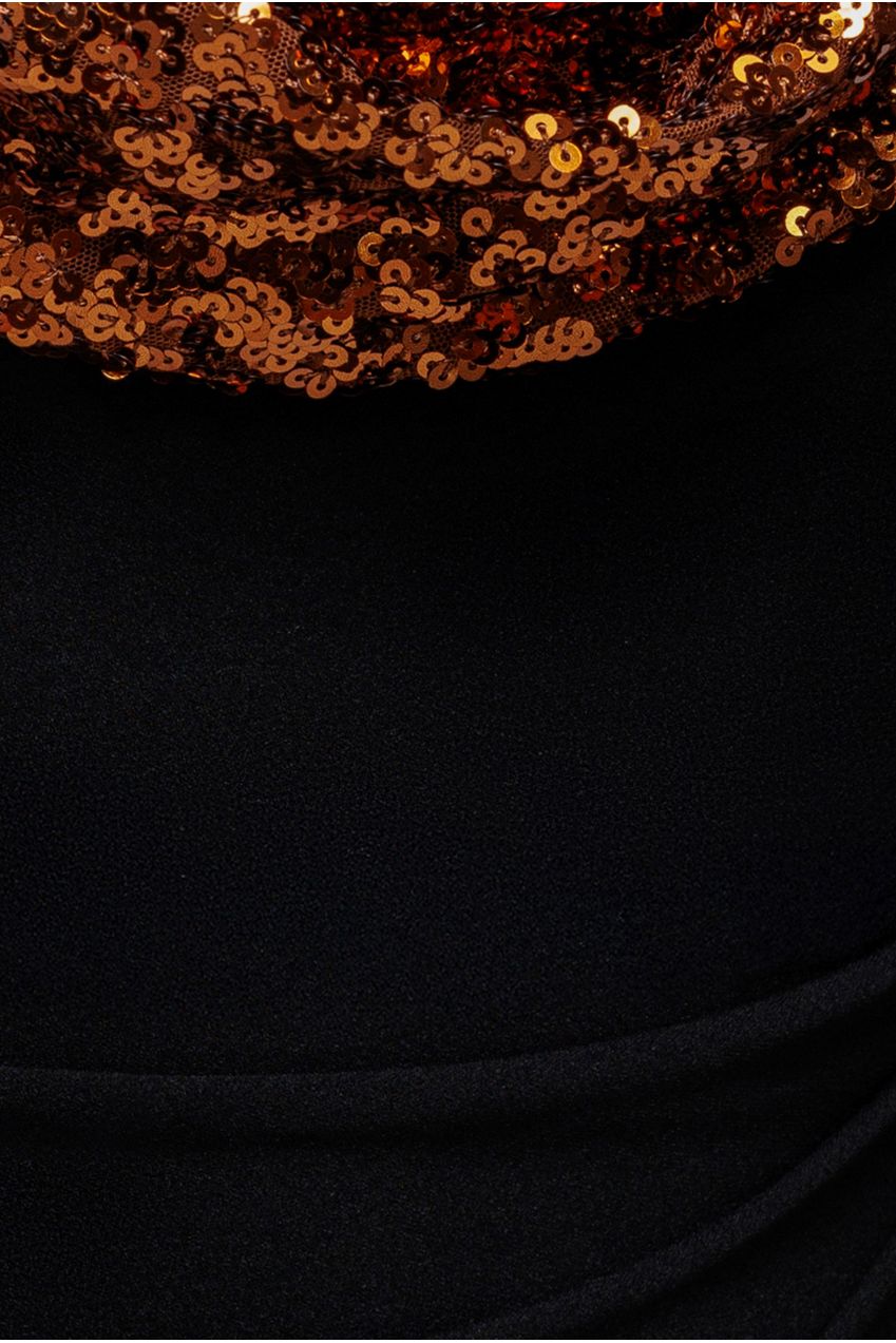 Cowl One Shoulder Contrast Sequin & Scuba Crepe Maxi Dress - Bronze DR4815