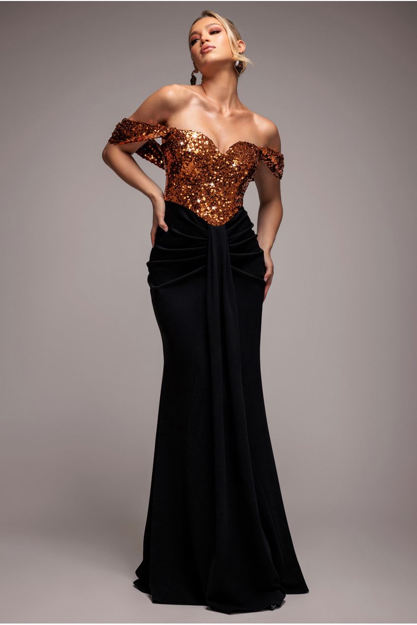Corset Sequin Wing Bodice Scuba Skirt Maxi Dress - Bronze DR4816