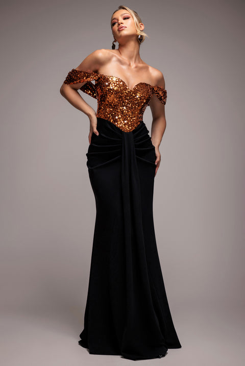 Corset Sequin Wing Bodice Scuba Skirt Maxi Dress - Bronze by Goddiva