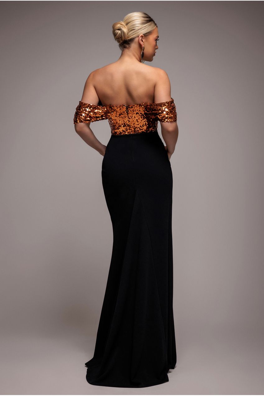 Corset Sequin Wing Bodice Scuba Skirt Maxi Dress - Bronze DR4816