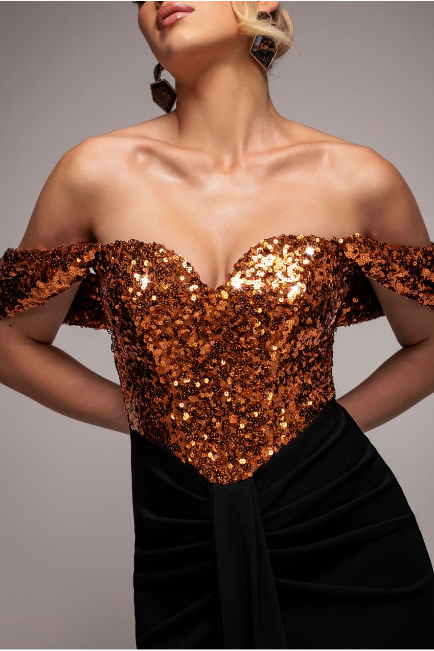 Corset Sequin Wing Bodice Scuba Skirt Maxi Dress - Bronze DR4816
