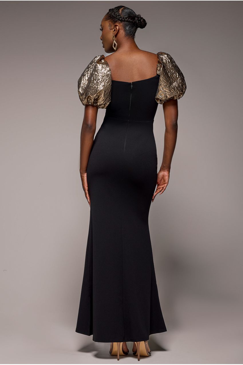 Jacquard Puff Sleeve Sweetheart Scuba Maxi Dress - Black DR4819