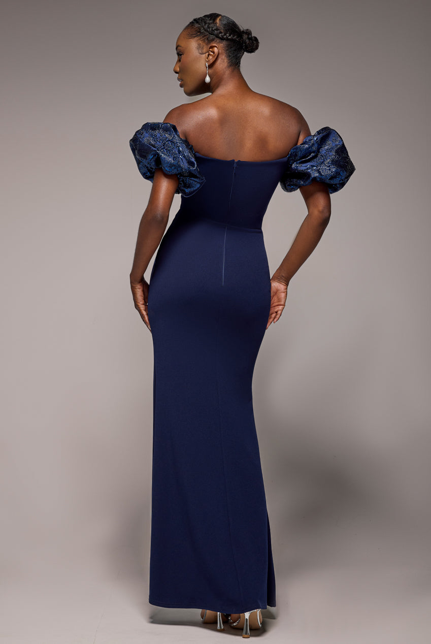 Jacquard Puff Sleeve Sweetheart Scuba Maxi Dress - Navy Blue DR4819