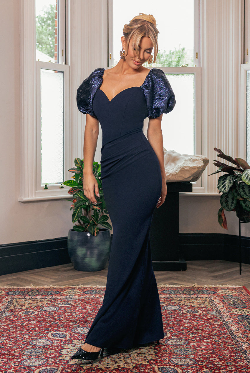 Jacquard Puff Sleeve Sweetheart Scuba Maxi Dress - Navy Blue DR4819