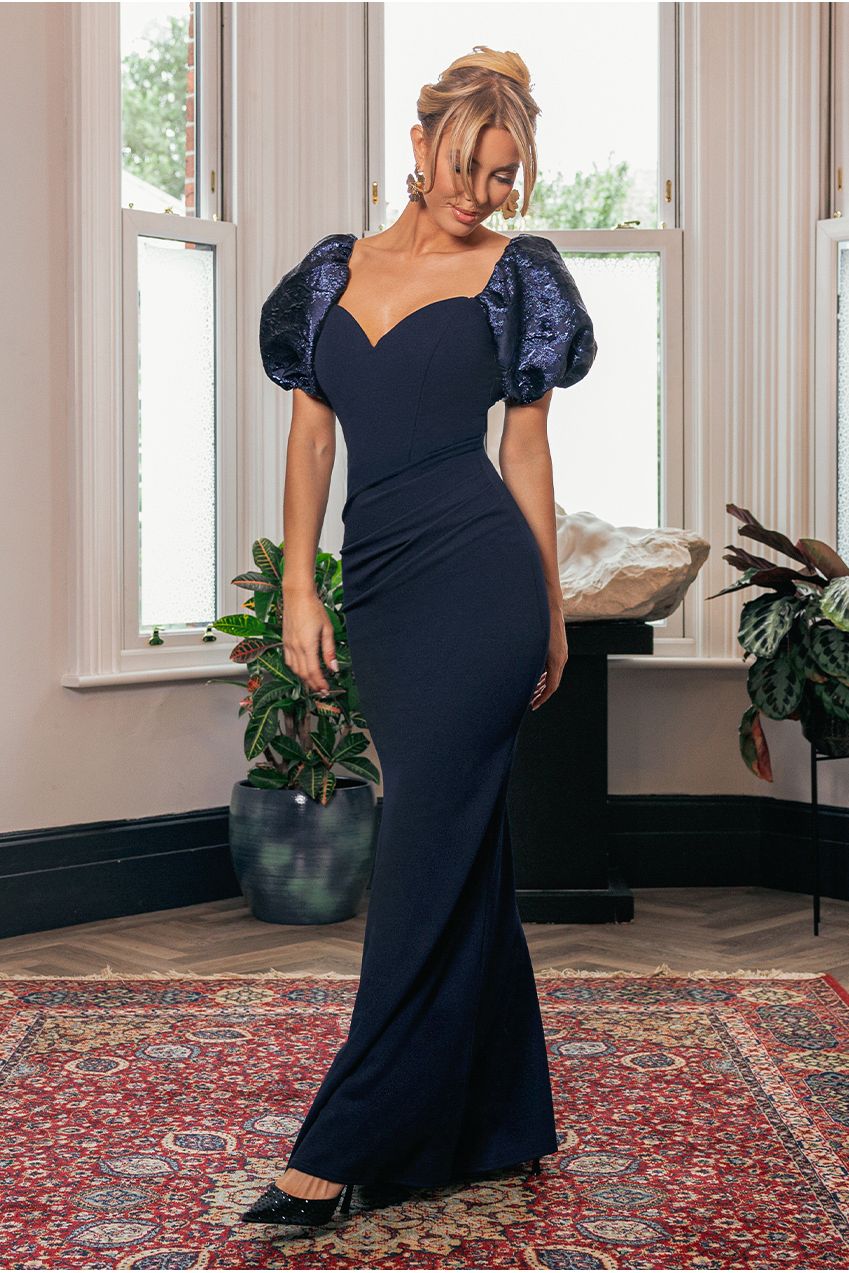 Jacquard Puff Sleeve Sweetheart Scuba Maxi Dress - Navy Blue DR4819
