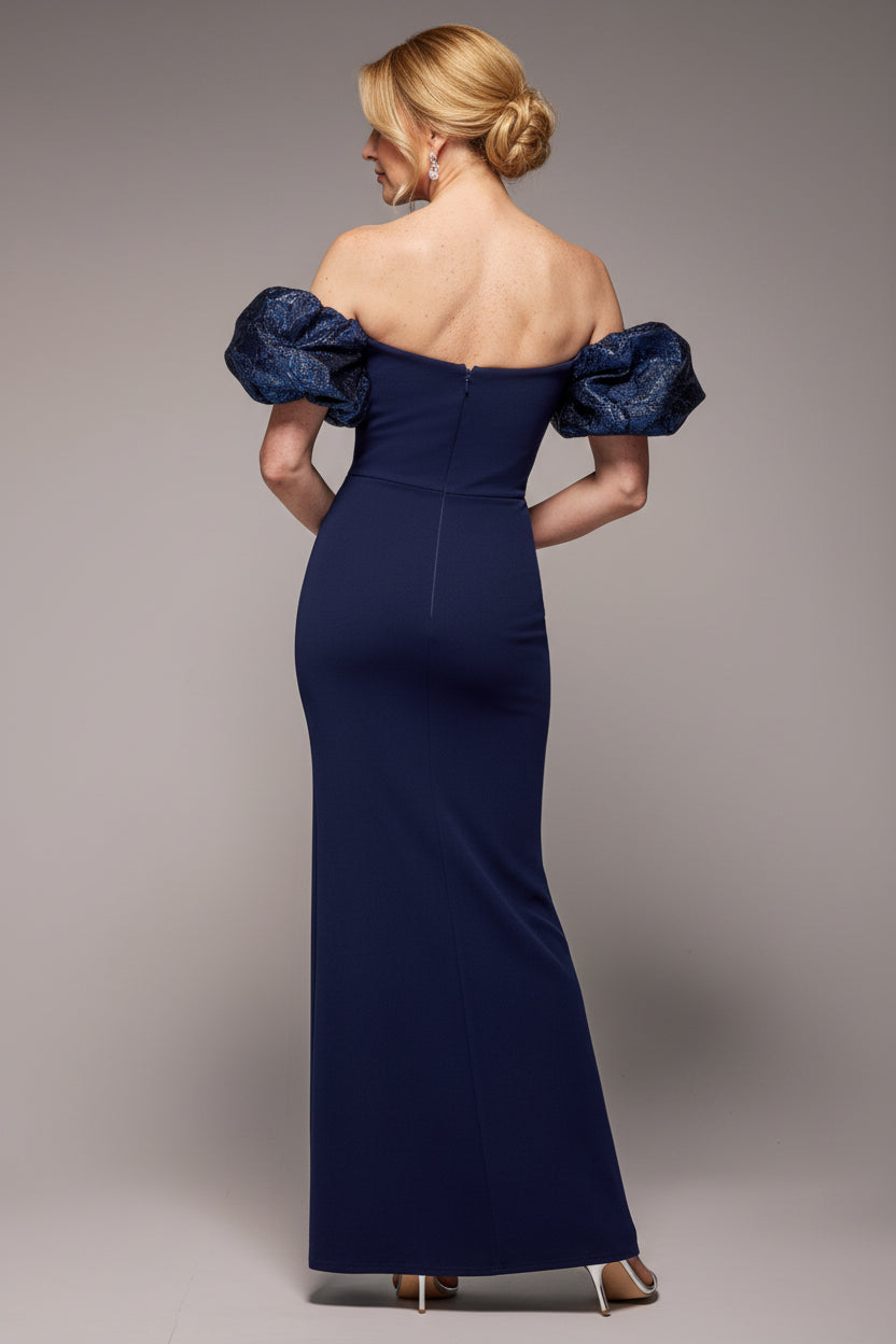 Jacquard Puff Sleeve Sweetheart Scuba Maxi Dress - Navy Blue DR4819M