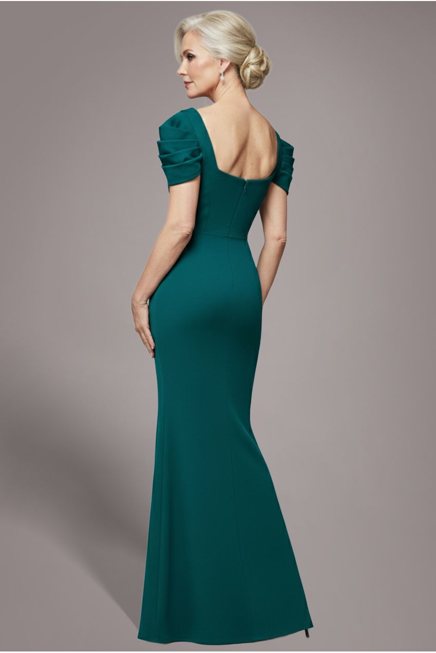 Plunging Neck Pleated Sleeves Scuba Maxi Dress - Emerald Green DR4820M