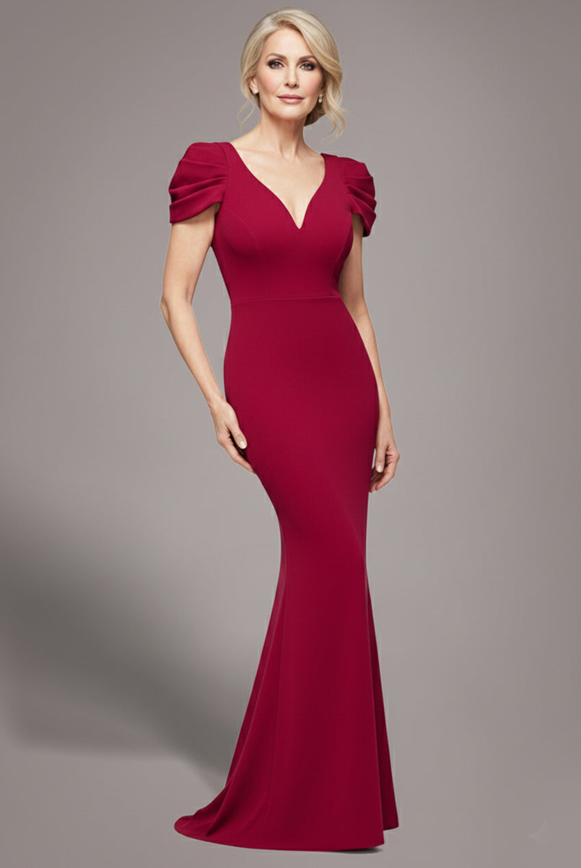 Plunging Neck Pleated Sleeves Scuba Maxi Dress - Burgundy Red DR4820M