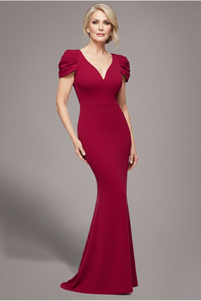 Plunging Neck Pleated Sleeves Scuba Maxi Dress - Burgundy Red DR4820M