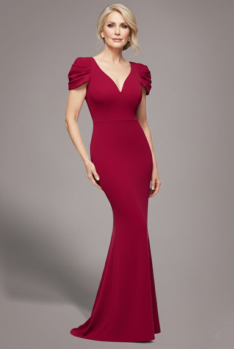 Plunging Neck Pleated Sleeves Scuba Maxi Dress - Burgundy Red by Goddiva