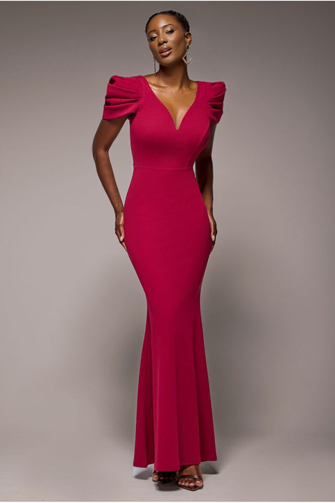 Plunging Neck Pleated Sleeves Scuba Maxi Dress - Burgundy Red by Goddiva