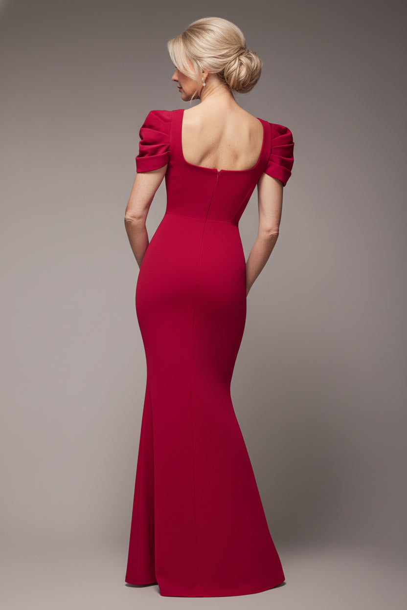 Plunging Neck Pleated Sleeves Scuba Maxi Dress - Burgundy Red DR4820M