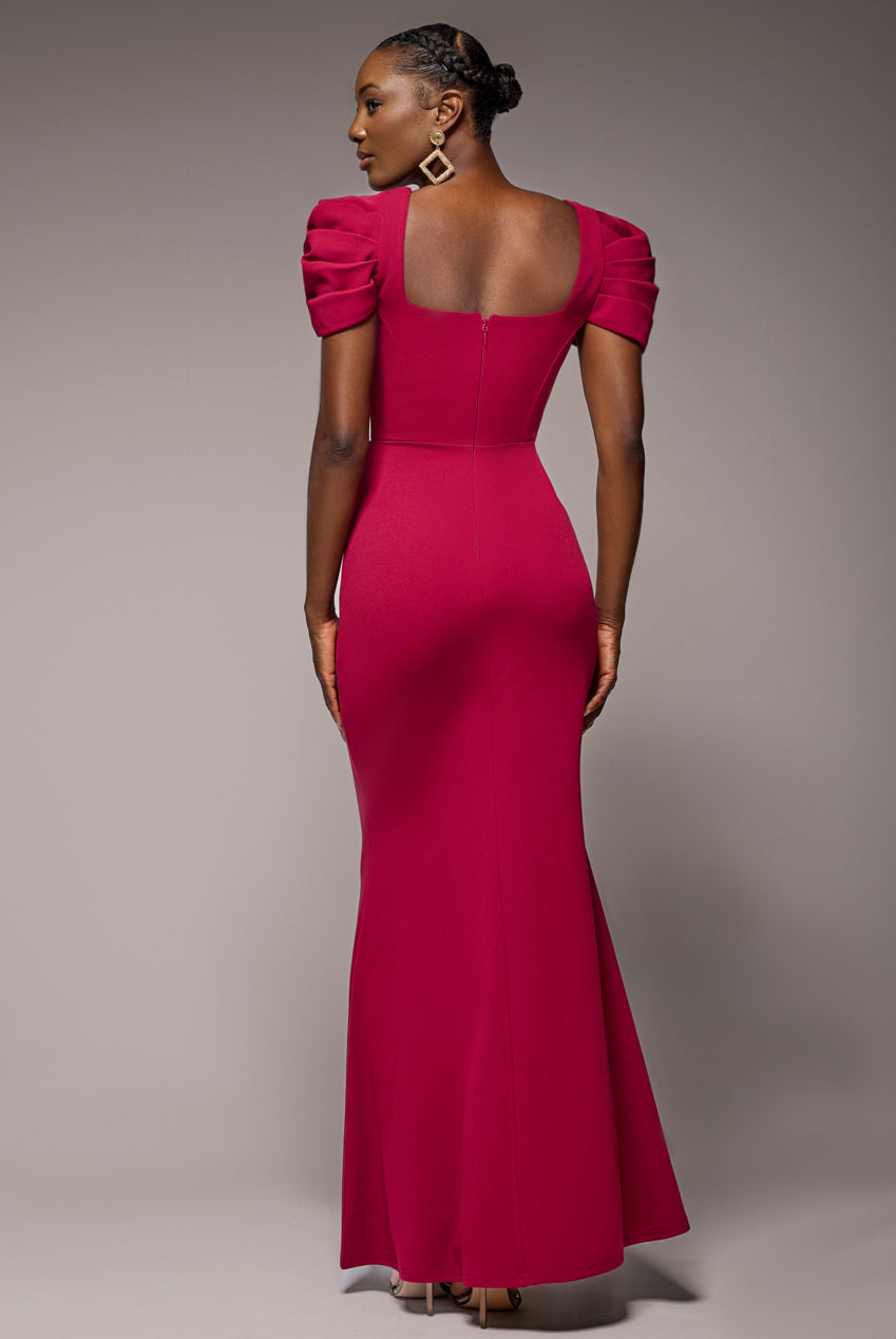 Plunging Neck Pleated Sleeves Scuba Maxi Dress - Burgundy Red DR4820
