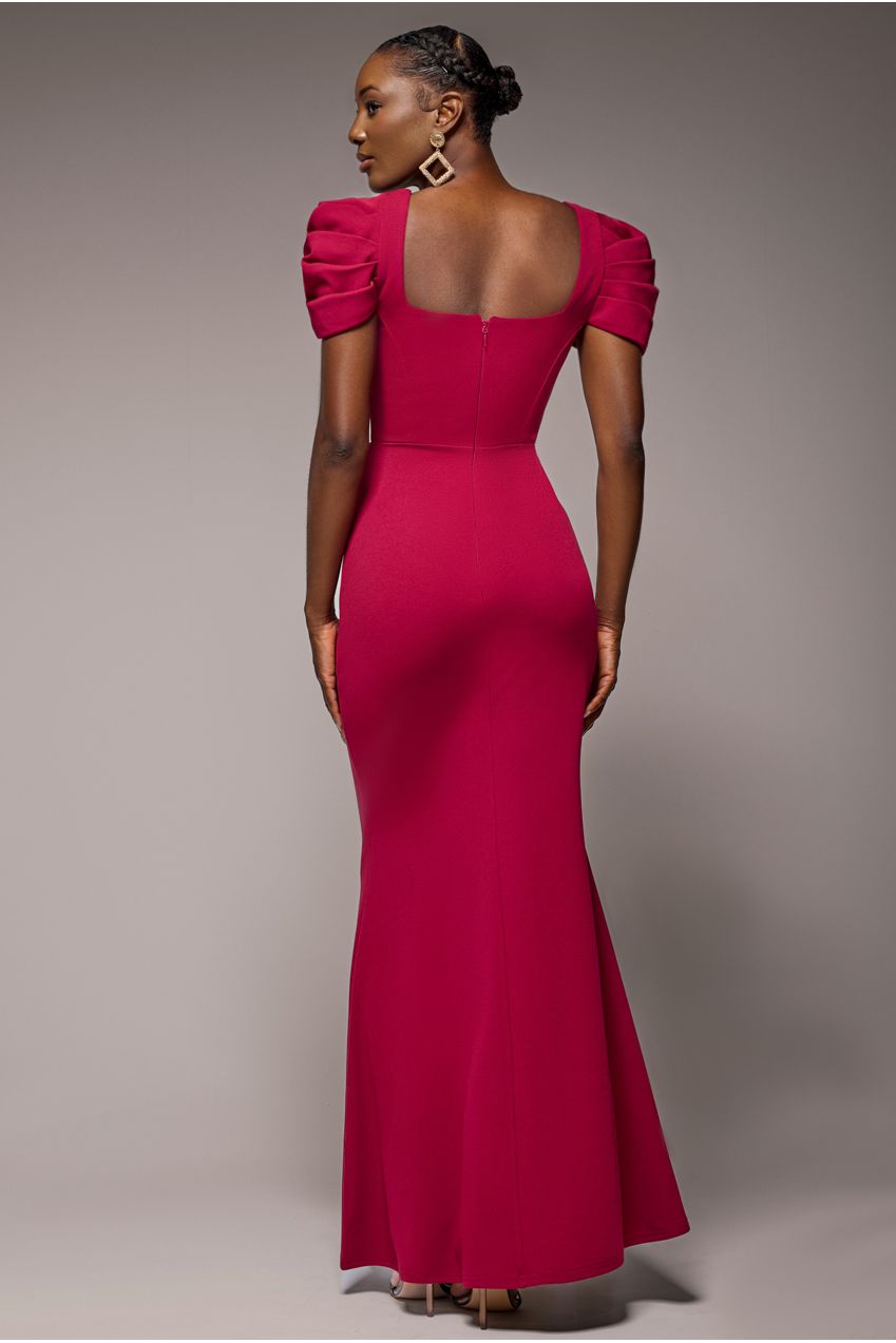 Plunging Neck Pleated Sleeves Scuba Maxi Dress - Burgundy Red DR4820