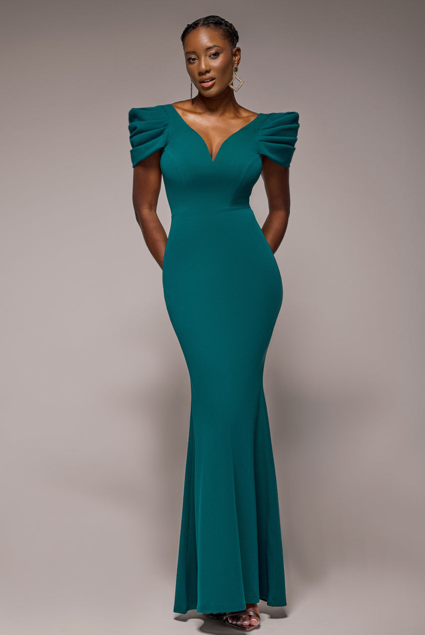 Plunging Neck Pleated Sleeves Scuba Maxi Dress - Emerald Green DR4820