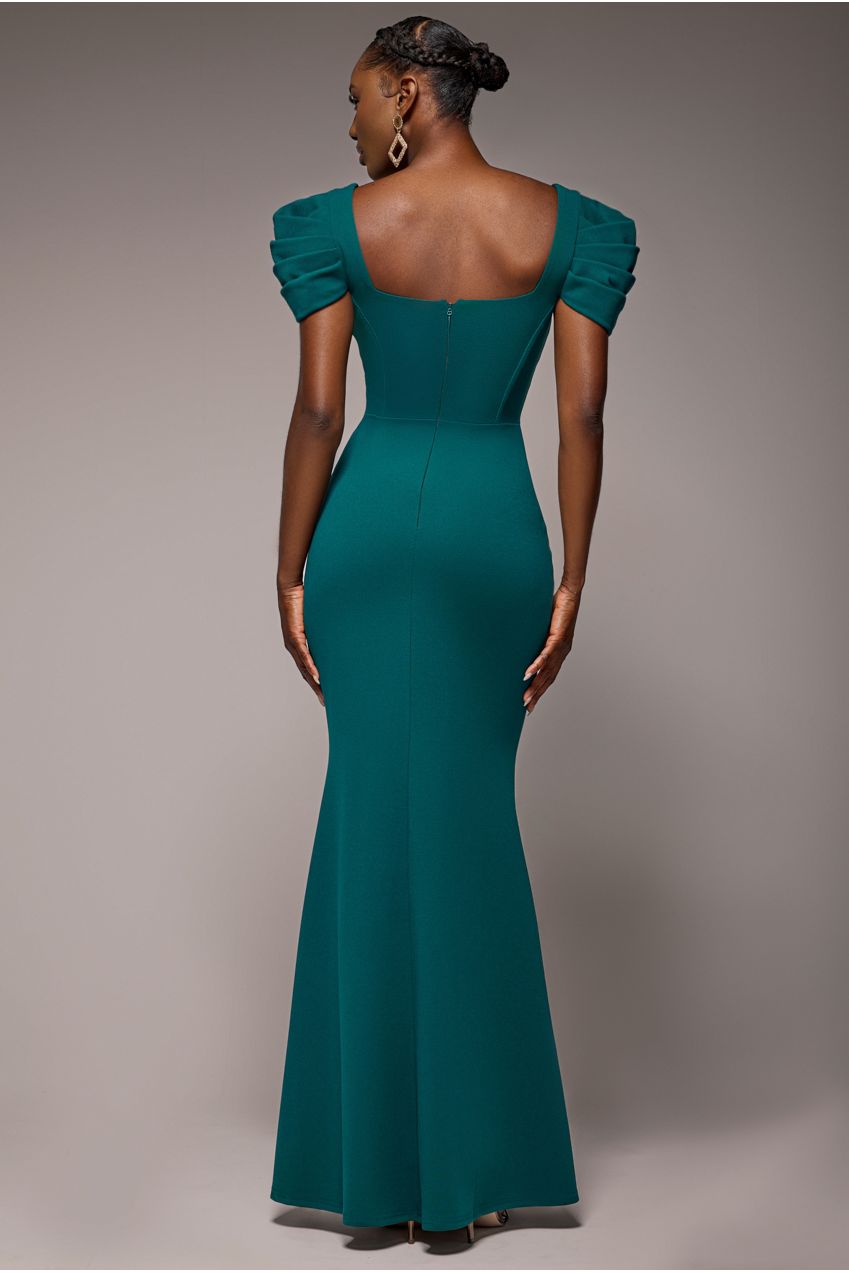 Plunging Neck Pleated Sleeves Scuba Maxi Dress - Emerald Green DR4820