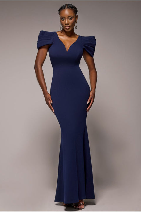 Plunging Neck Pleated Sleeves Scuba Maxi Dress - Navy Blue by Goddiva
