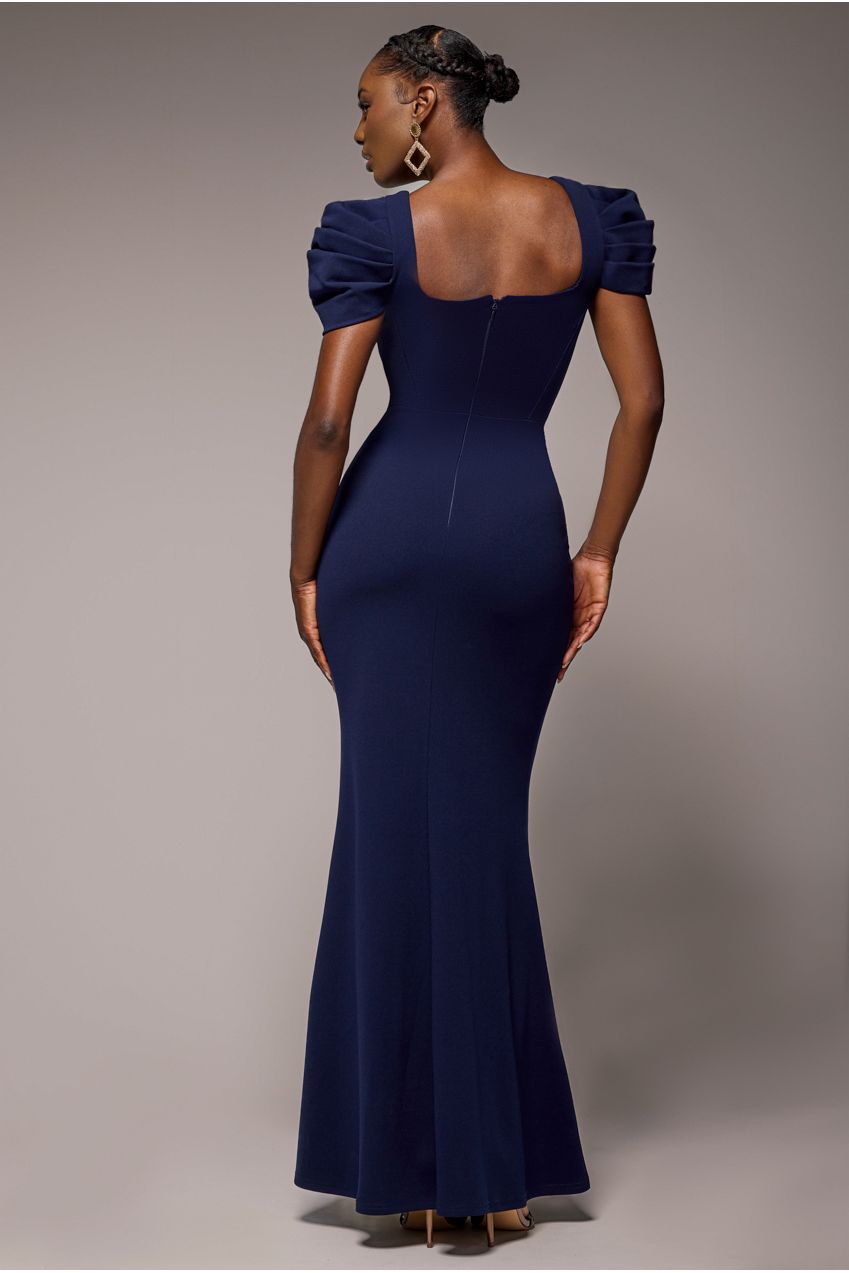 Plunging Neck Pleated Sleeves Scuba Maxi Dress - Navy Blue DR4820