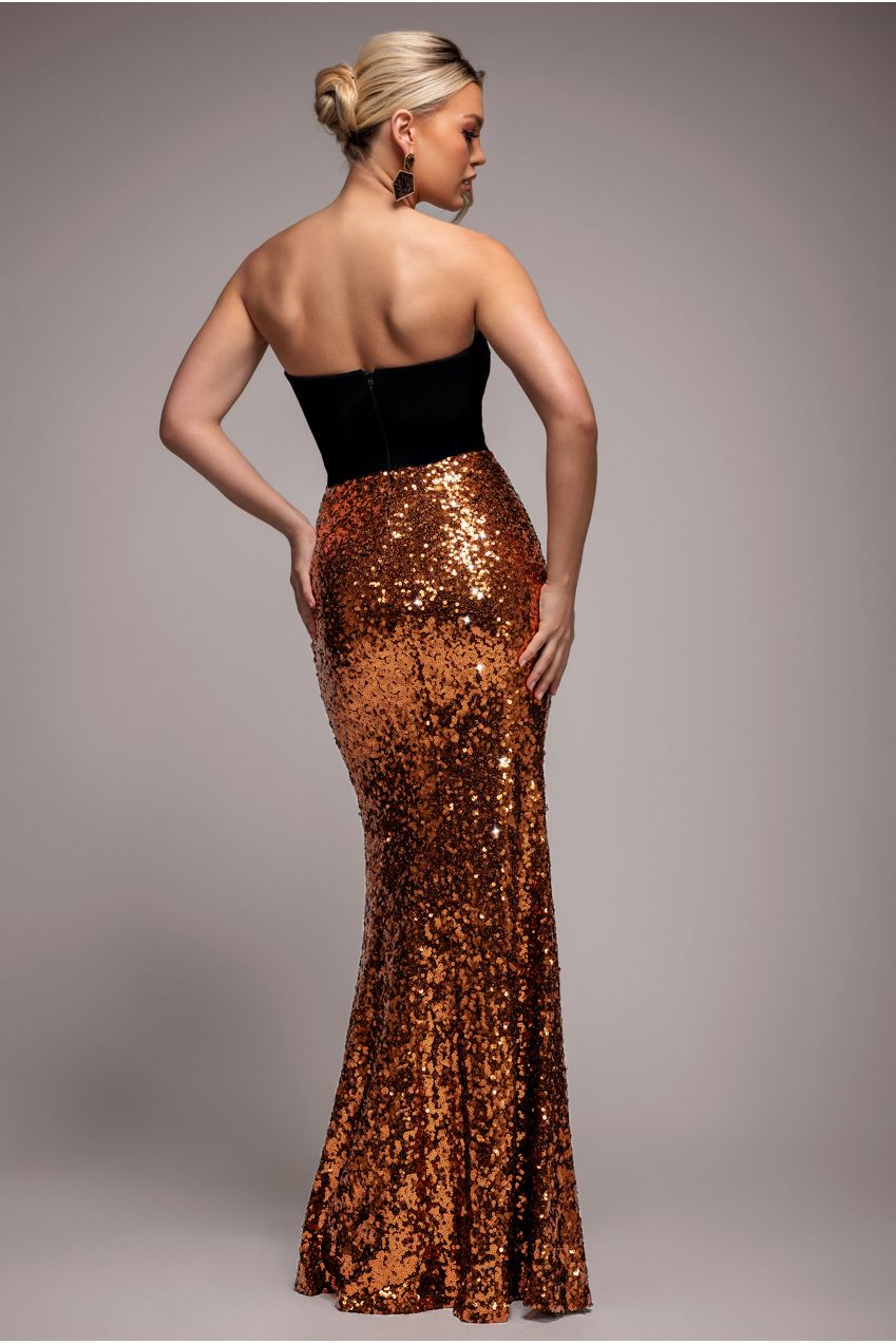 Scuba Crepe & Sequin Dipped Waist Strapless Maxi Dress - Bronze DR4822