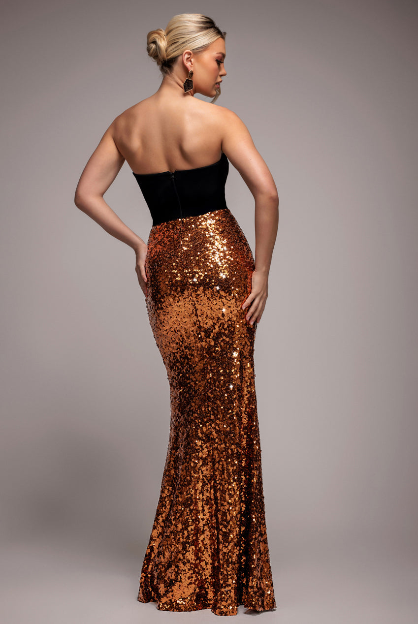 Scuba Crepe & Sequin Dipped Waist Strapless Maxi Dress - Bronze DR4822