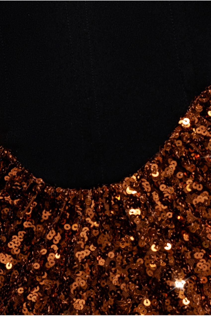 Scuba Crepe & Sequin Dipped Waist Strapless Maxi Dress - Bronze DR4822