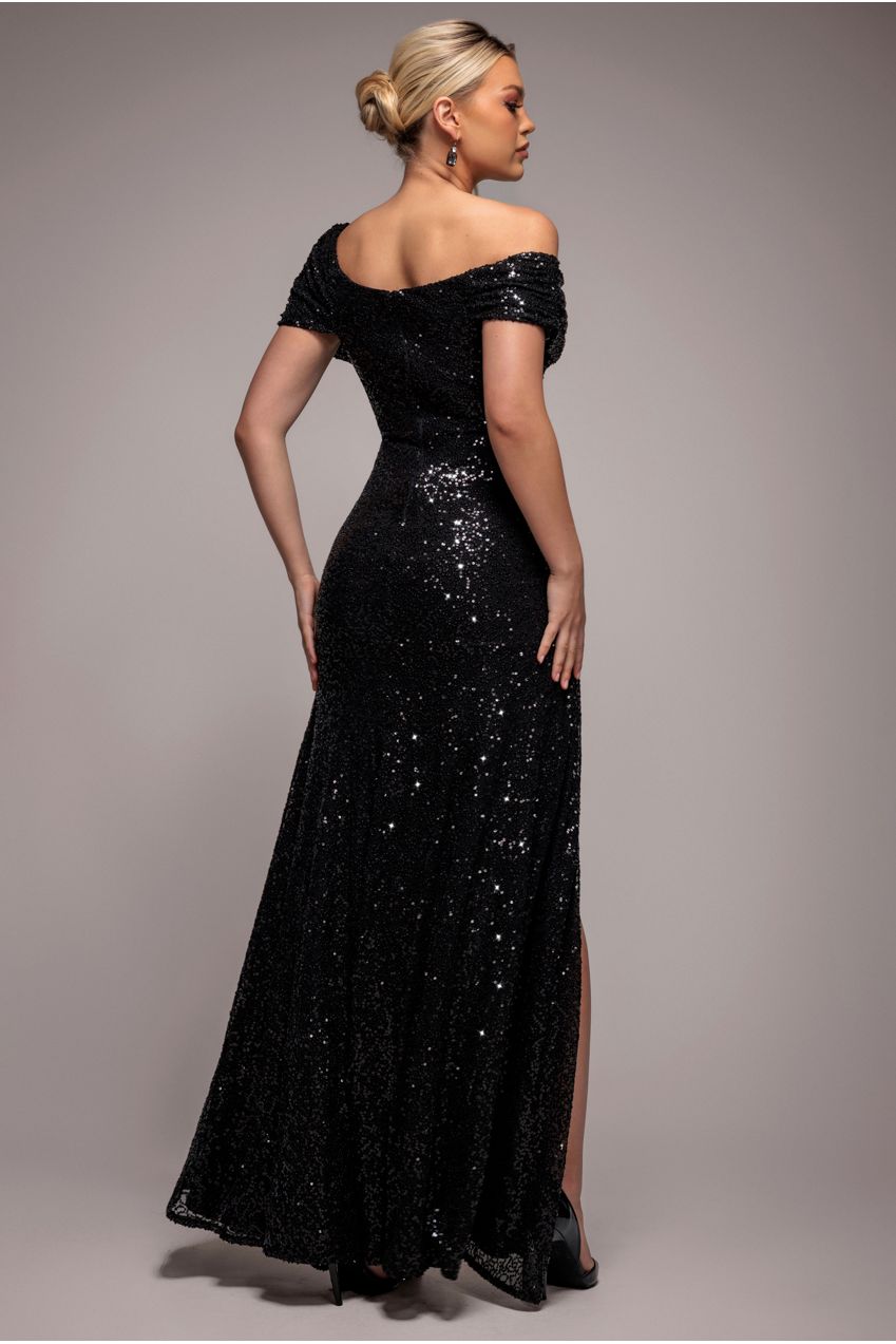 Off The Shoulder Sequin Cowl Drawstring Maxi Dress - Black DR4824