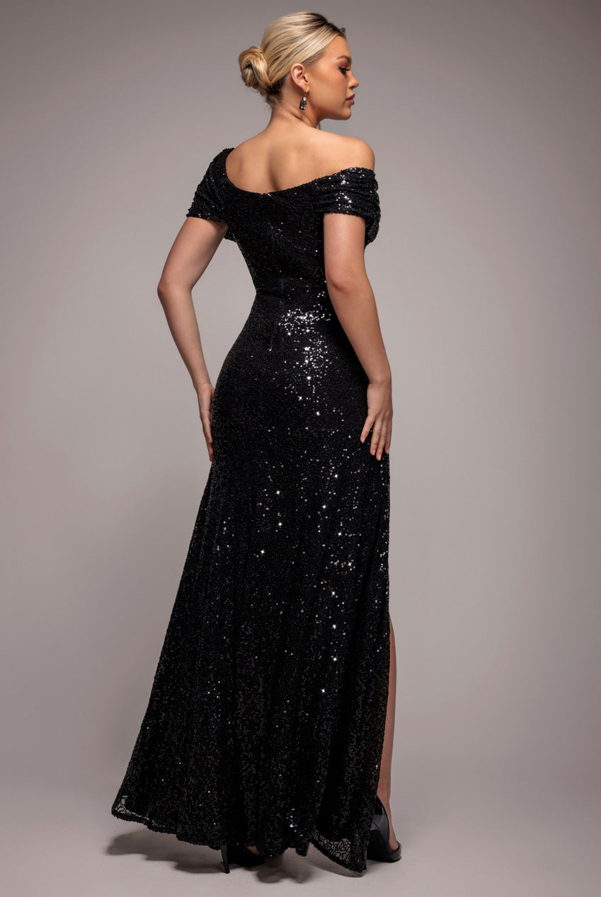 Off The Shoulder Sequin Cowl Drawstring Maxi Dress - Black DR4824