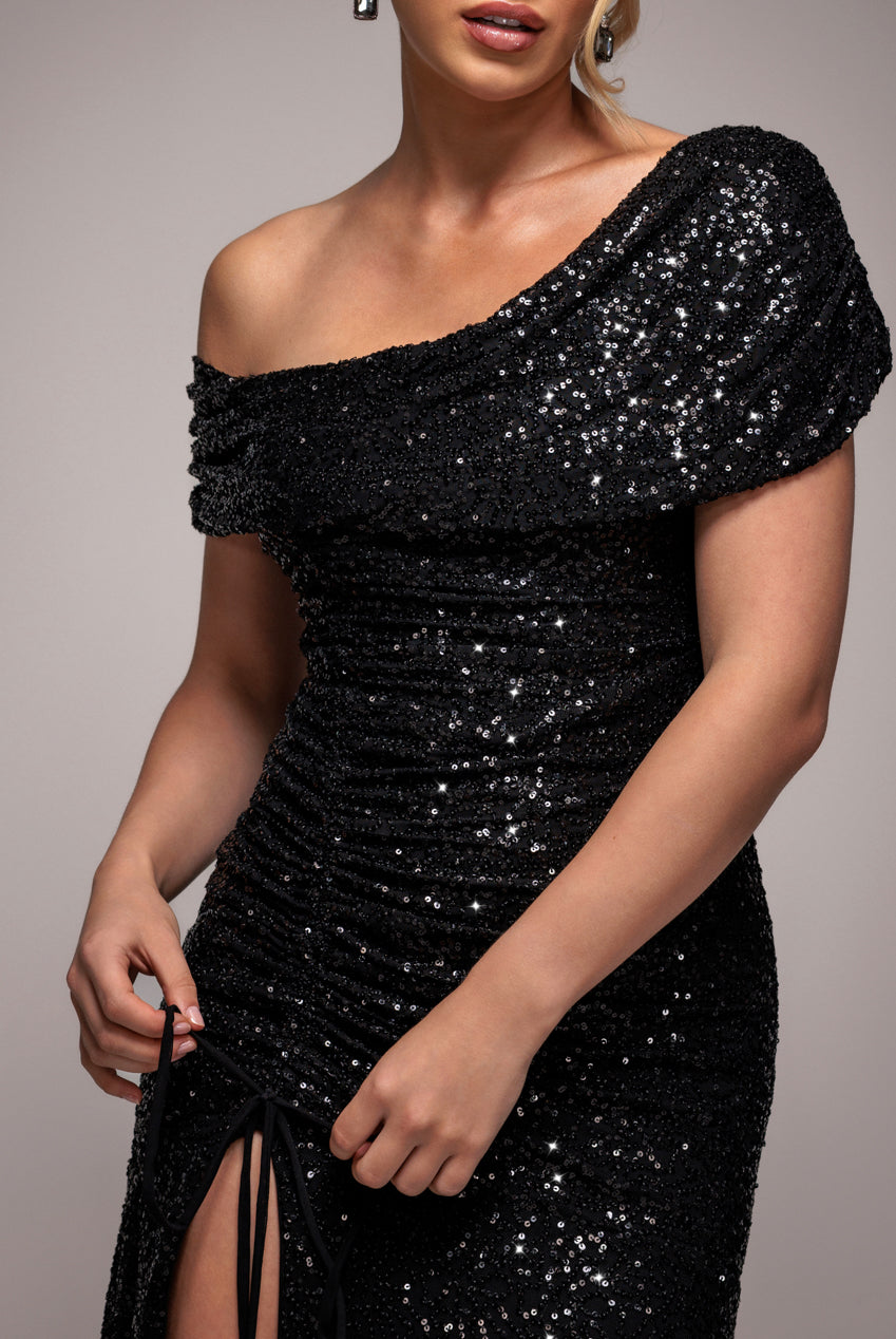 Off The Shoulder Sequin Cowl Drawstring Maxi Dress - Black DR4824