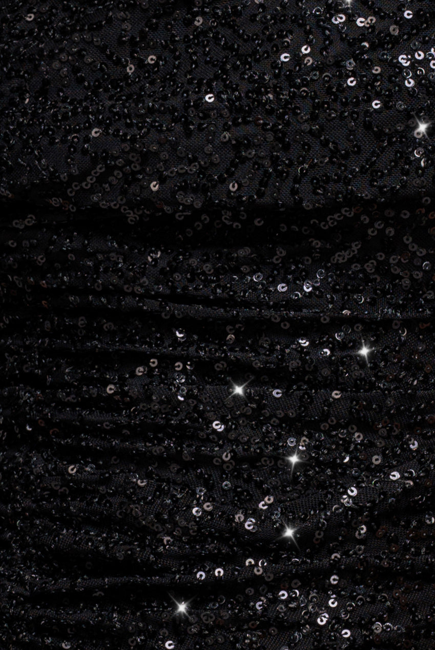 Off The Shoulder Sequin Cowl Drawstring Maxi Dress - Black DR4824