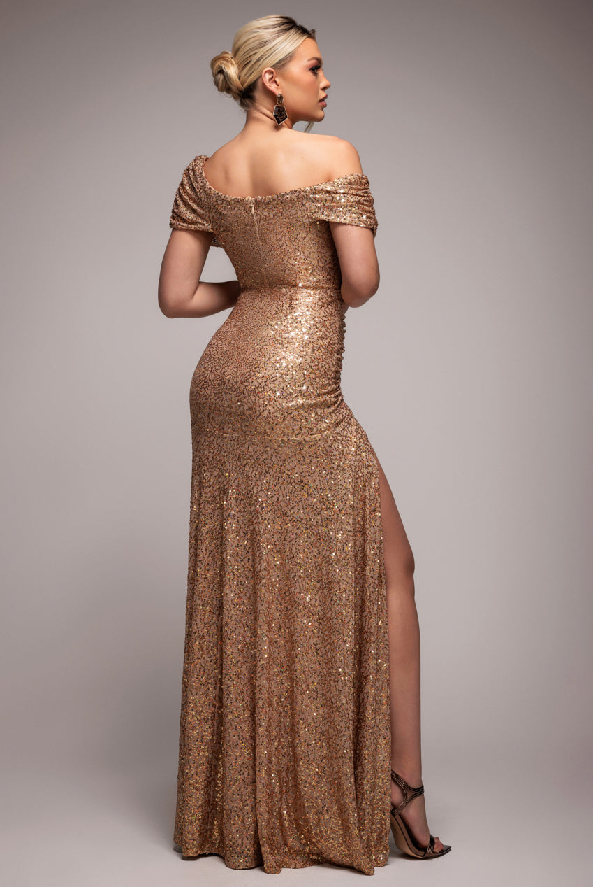Off The Shoulder Sequin Cowl Drawstring Maxi Dress - Gold DR4824
