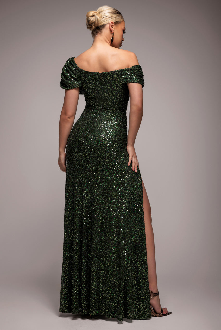 Off The Shoulder Sequin Cowl Drawstring Maxi Dress - Olive Green DR4824