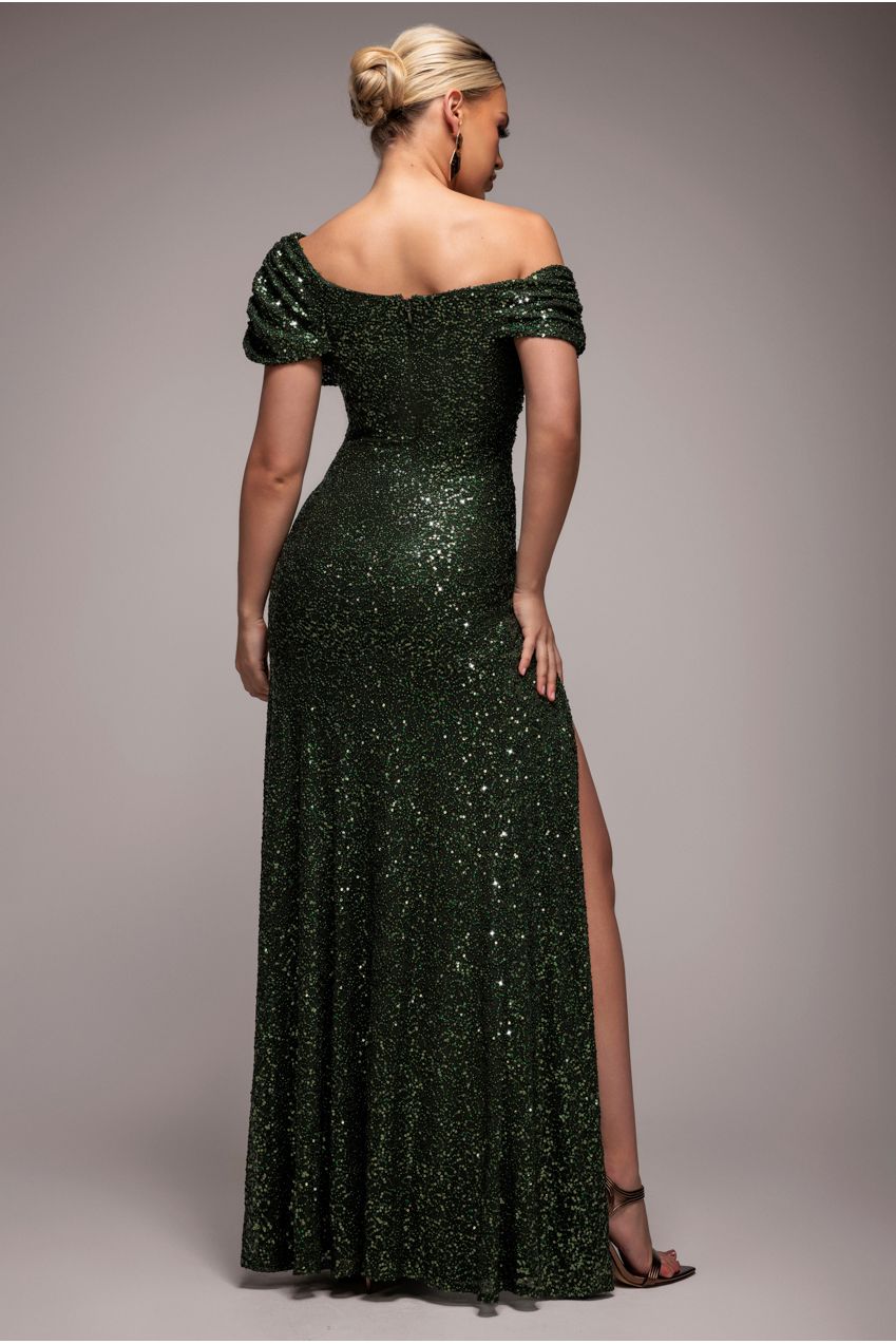 Off The Shoulder Sequin Cowl Drawstring Maxi Dress - Olive Green DR4824