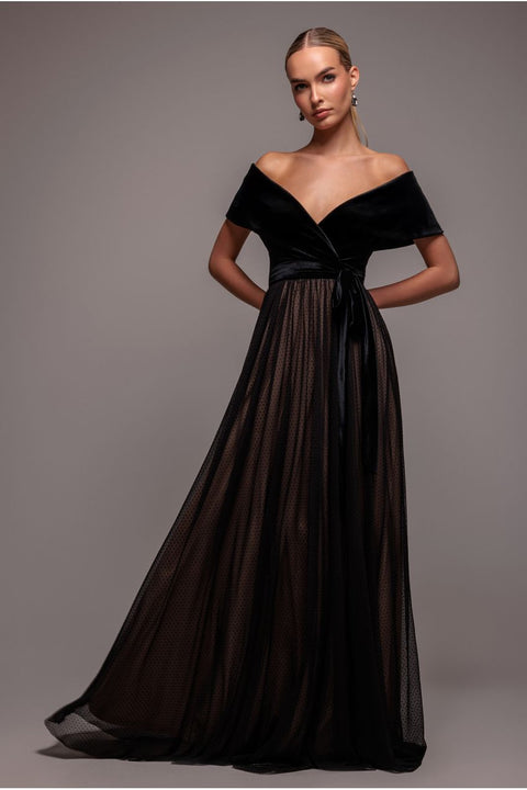 Velvet Bardot Dobby Mesh A Line Maxi Dress - Black by Goddiva