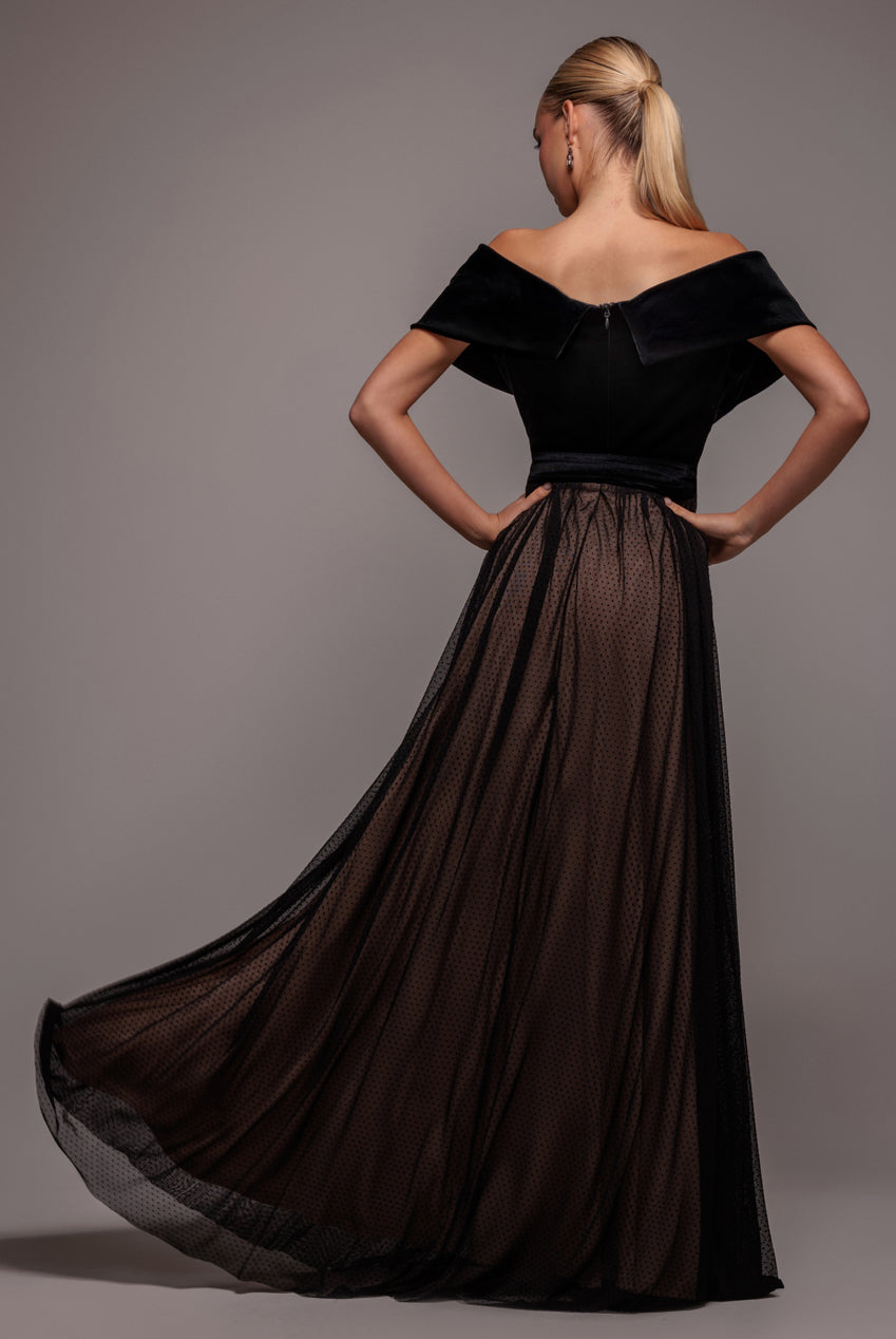 Velvet Bardot Dobby Mesh A Line Maxi Dress - Black DR4827