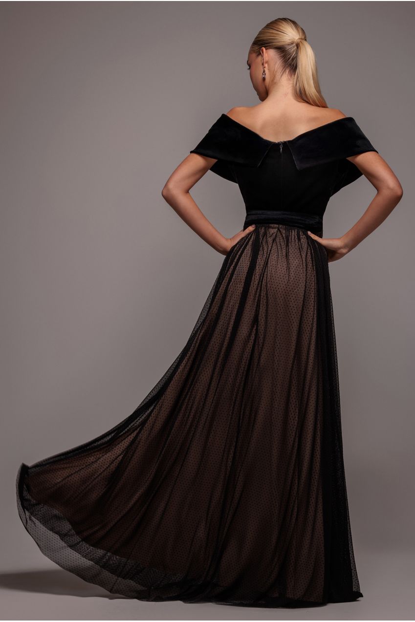 Velvet Bardot Dobby Mesh A Line Maxi Dress - Black DR4827