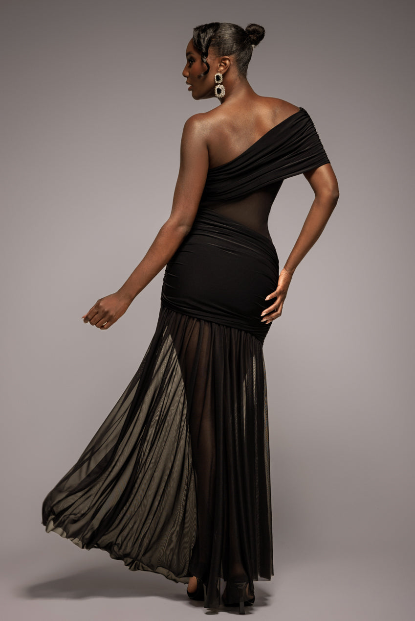 Gathered One Shoulder Sheer Panel Maxi Dress - Black DR4828