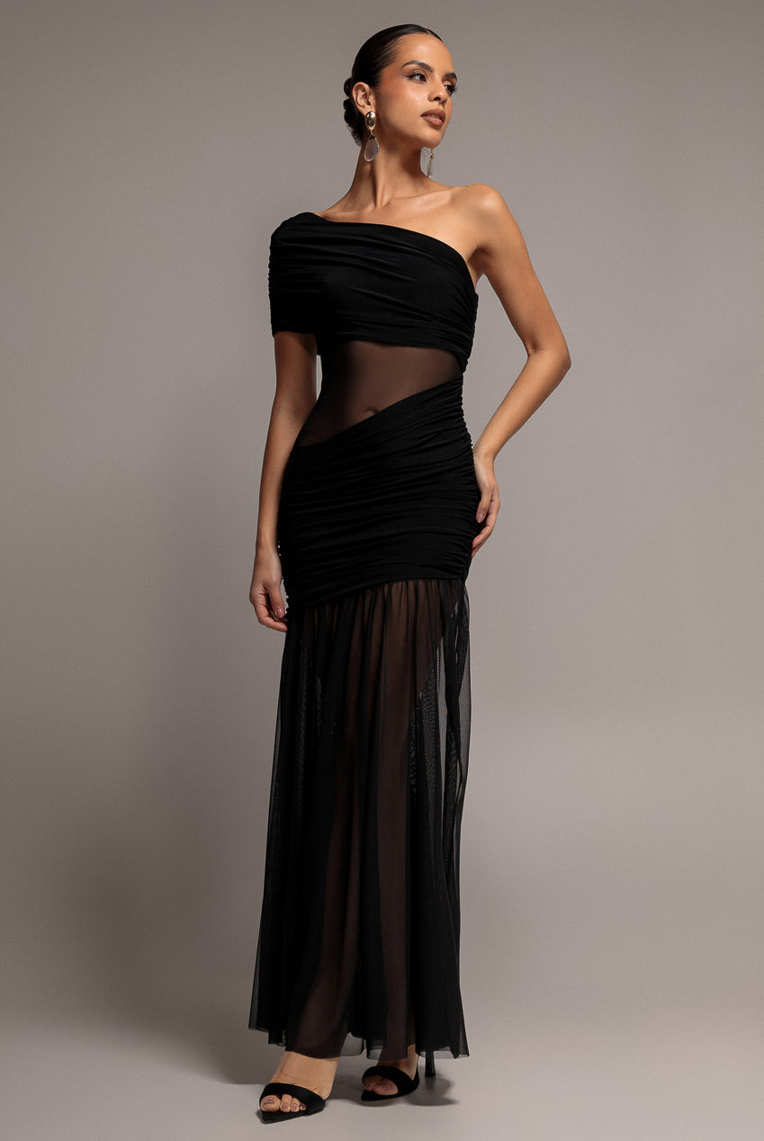 Gathered One Shoulder Sheer Panel Maxi Dress - Black DR4828