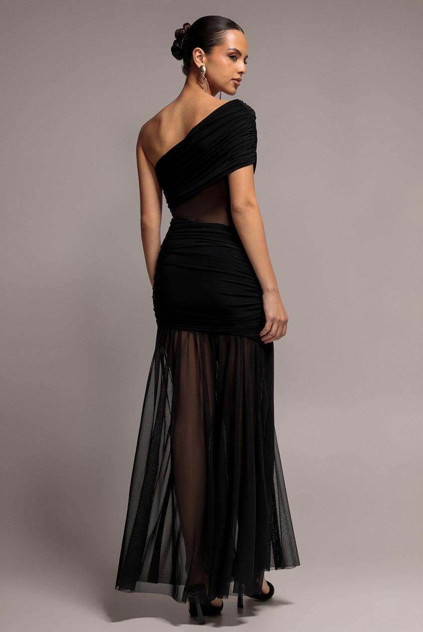 Gathered One Shoulder Sheer Panel Maxi Dress - Black DR4828