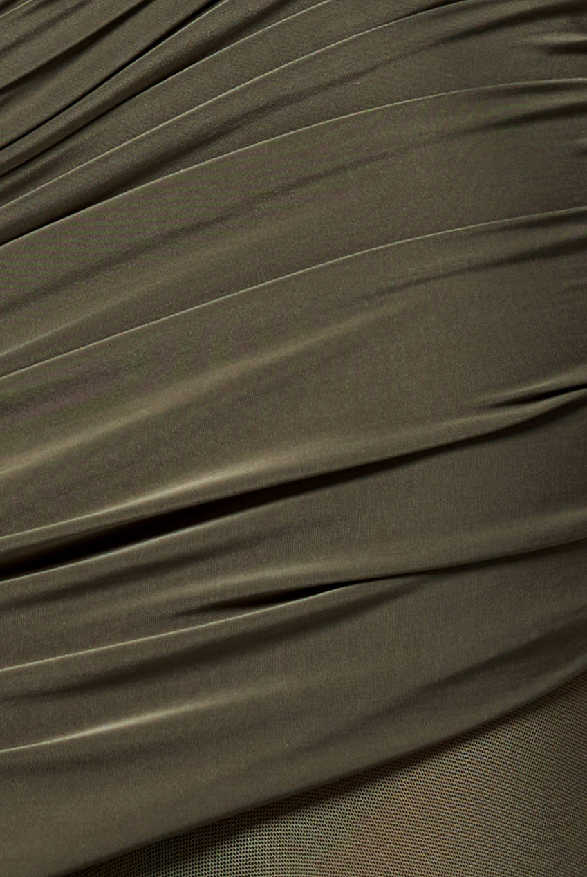 Gathered One Shoulder Sheer Panel Maxi Dress - Khaki Green DR4828