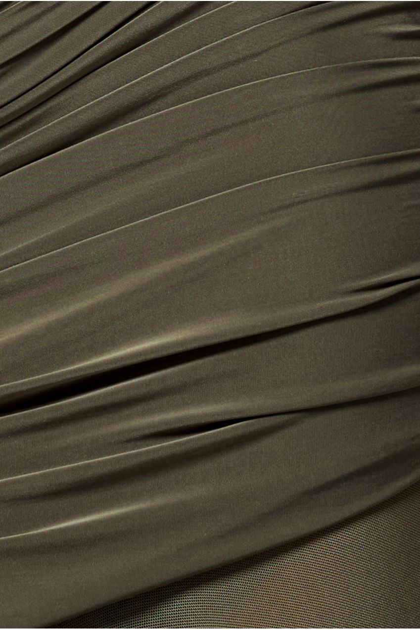 Gathered One Shoulder Sheer Panel Maxi Dress - Khaki Green DR4828