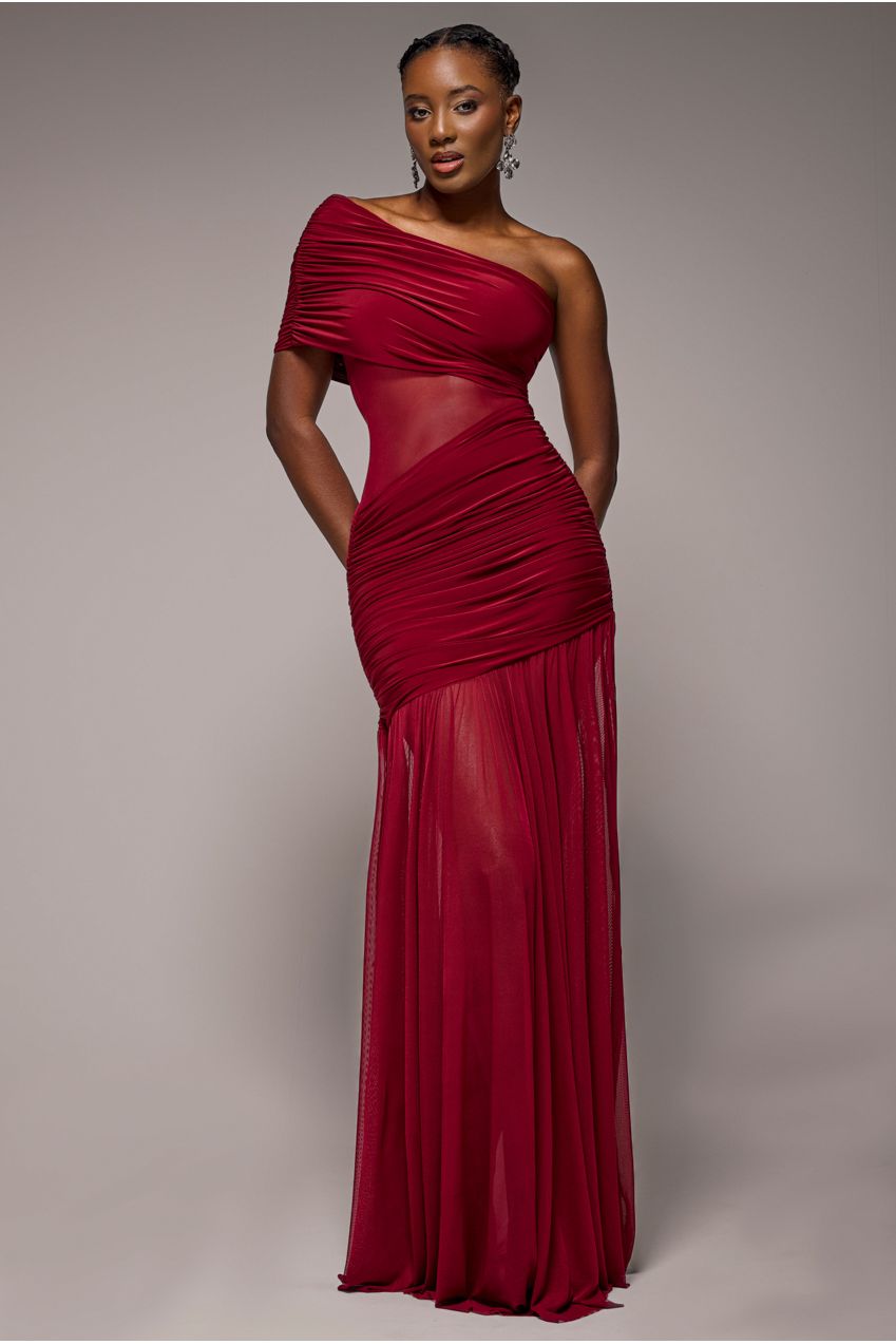 Gathered One Shoulder Sheer Panel Maxi Dress - Wine DR4828