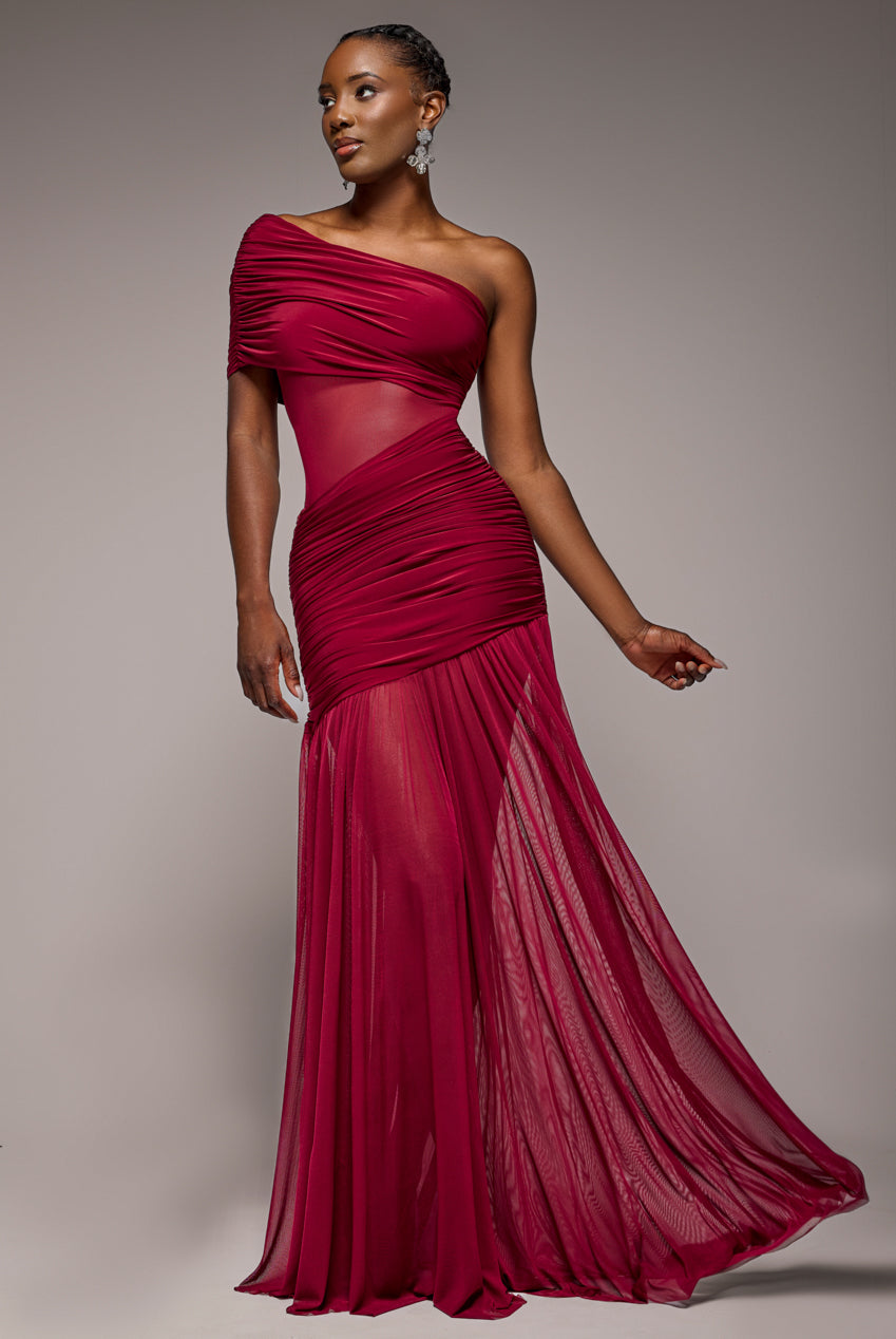Gathered One Shoulder Sheer Panel Maxi Dress - Wine DR4828