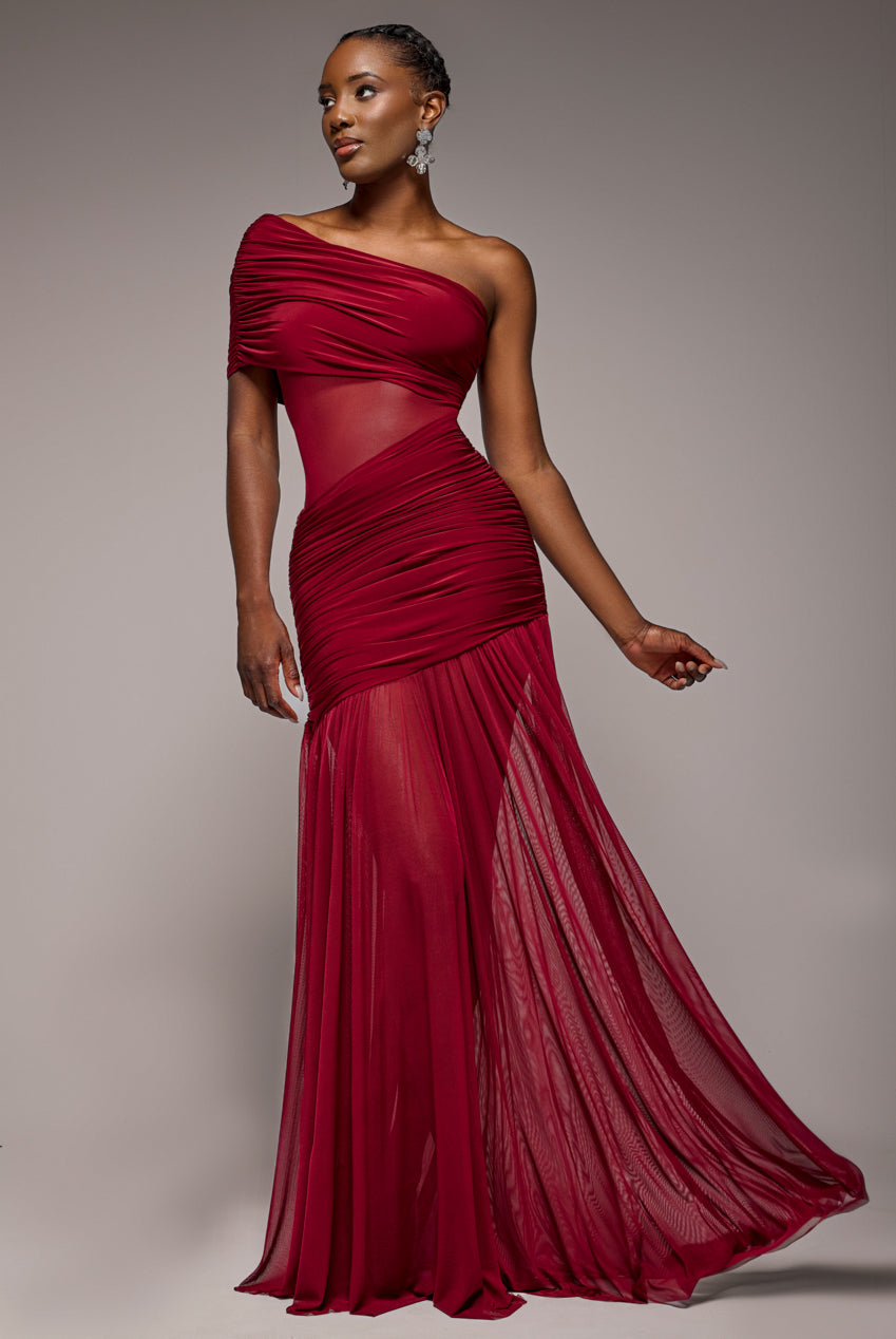 Gathered One Shoulder Sheer Panel Maxi Dress - Wine DR4828