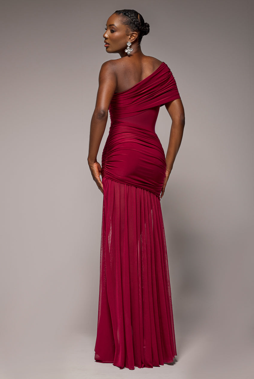 Gathered One Shoulder Sheer Panel Maxi Dress - Wine DR4828