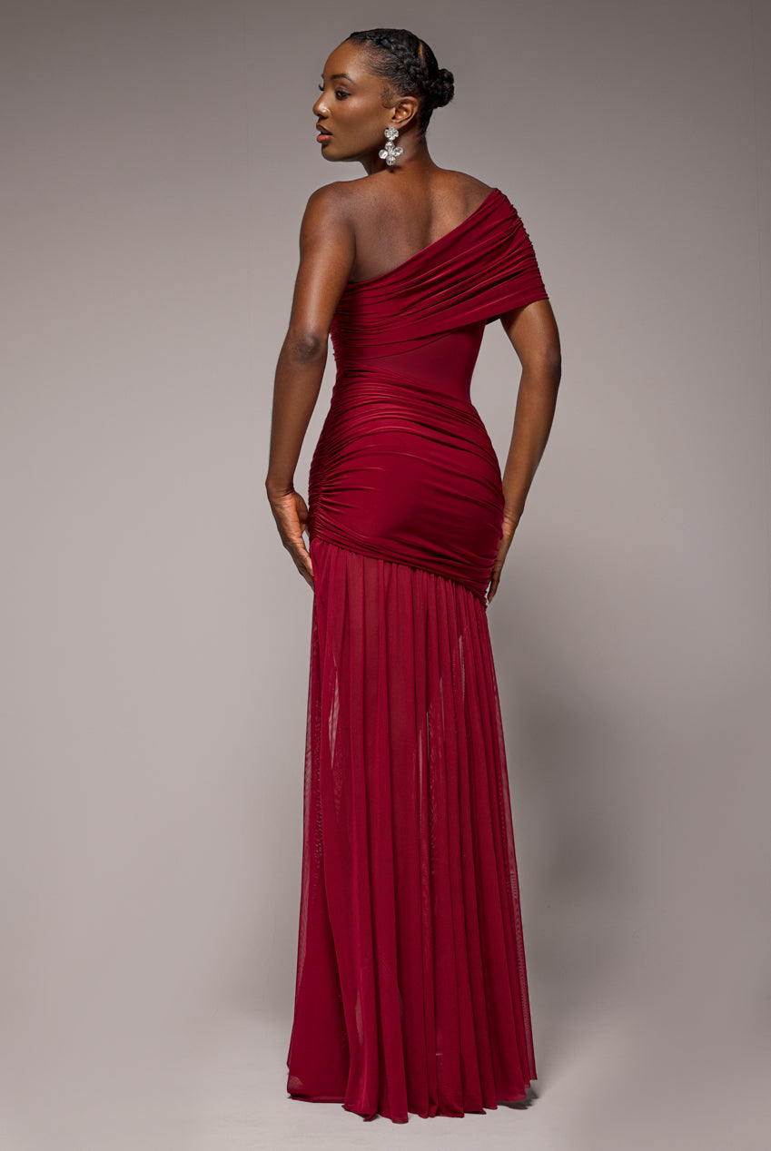 Gathered One Shoulder Sheer Panel Maxi Dress - Wine DR4828